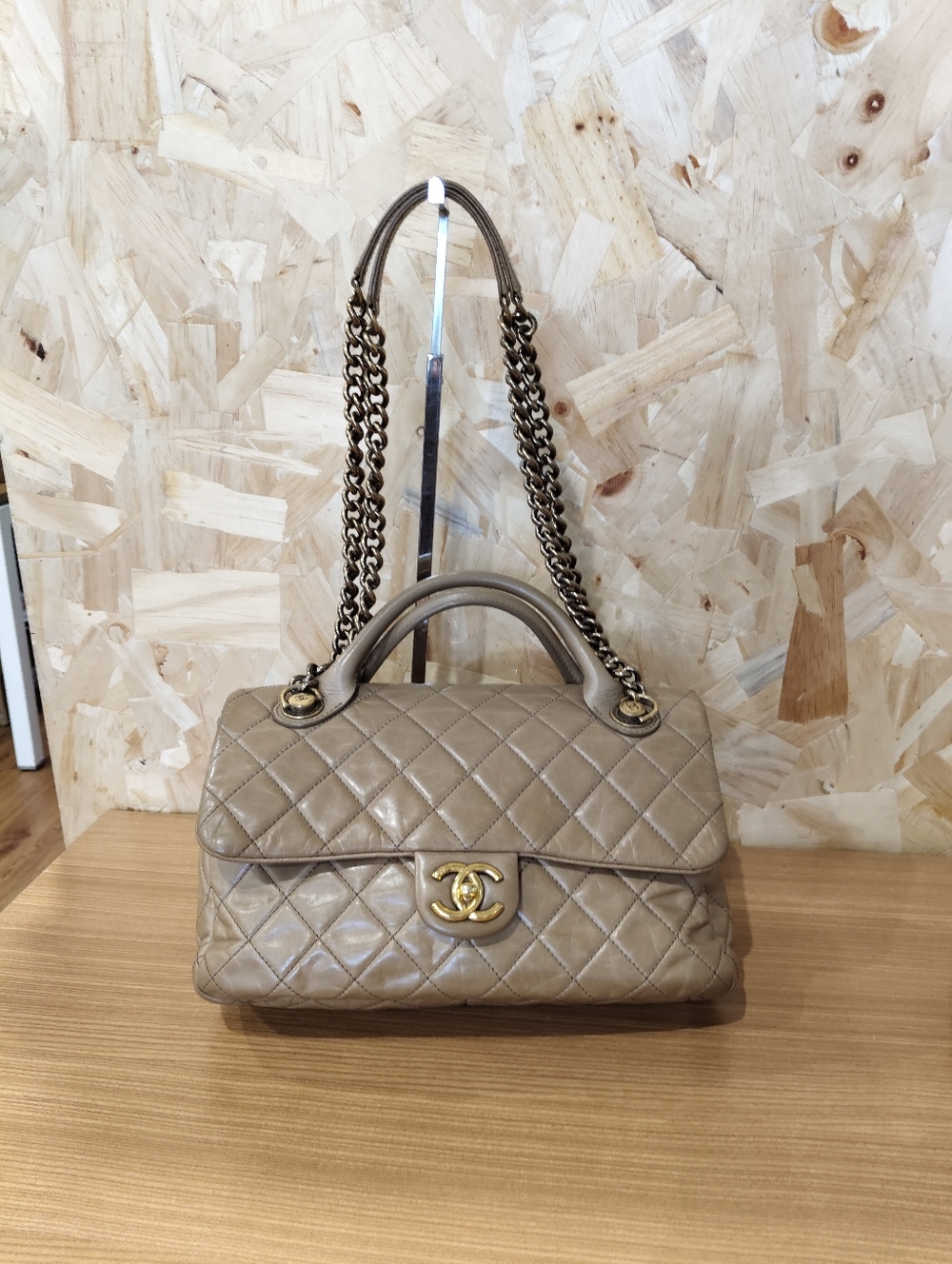 CHANEL Quilted Leather Double-Handle Shoulder Bag in Taupe